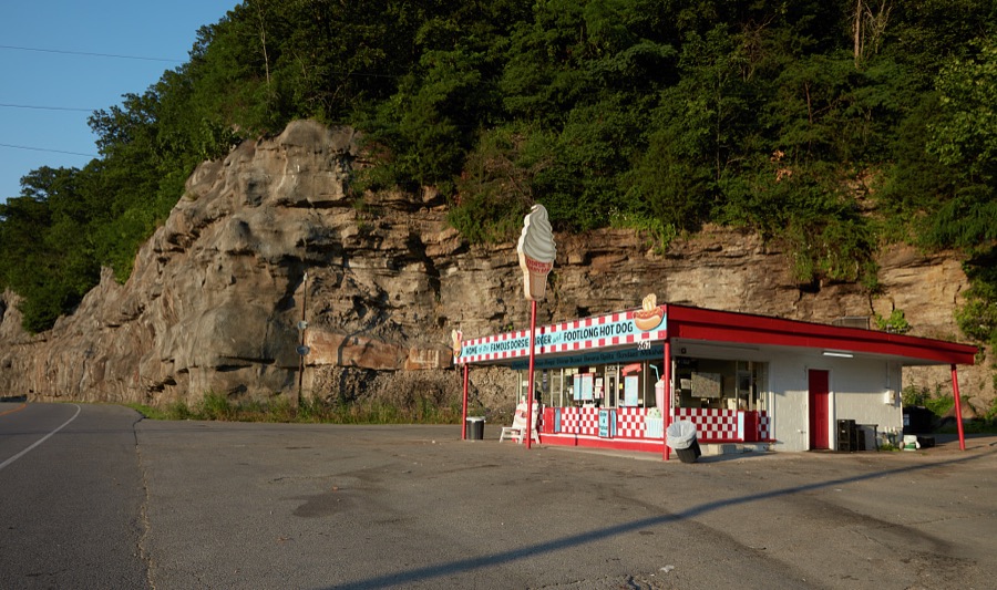 One of many steep and rugged hillsides forms a backdrop for the Dosie Dairy Bar in Pikeville, an eastern Kentucky city named for General Zebulon Pike, the explorer who discovered Pikes Peak in Colorado