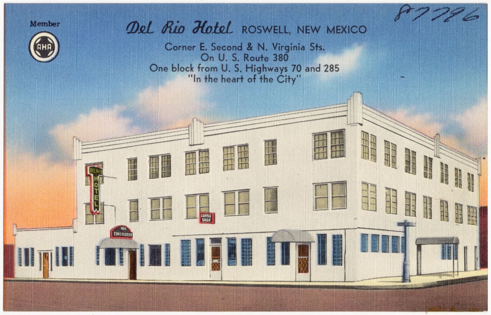Del Rio Hotel, Roswell, New Mexico. Corner E. Second & N. Virginia Sts., on U.S. Route 380, one block from U.S. Highways 70 and 285, "In the heart of the city", Boston Public Library - undated