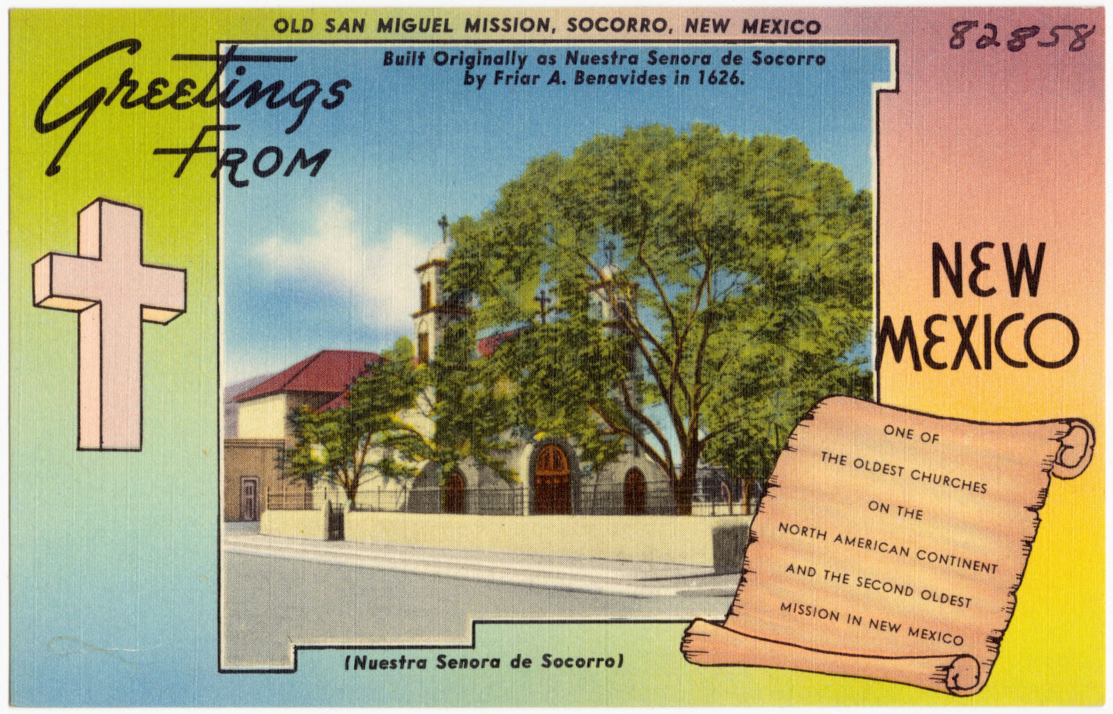 Greetings from New Mexico. Old San Miguel Mission, Socorro, New Mexico, Boston Public Library - undated