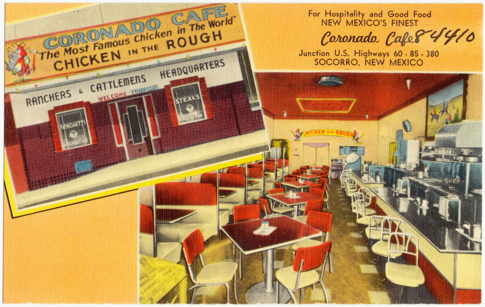 Coronado Café, for hospitality and good food New Mexico's finest. Junction U.S. Highways 60 - 85 - 380, Socorro, New Mexico, Boston Public Library - undated