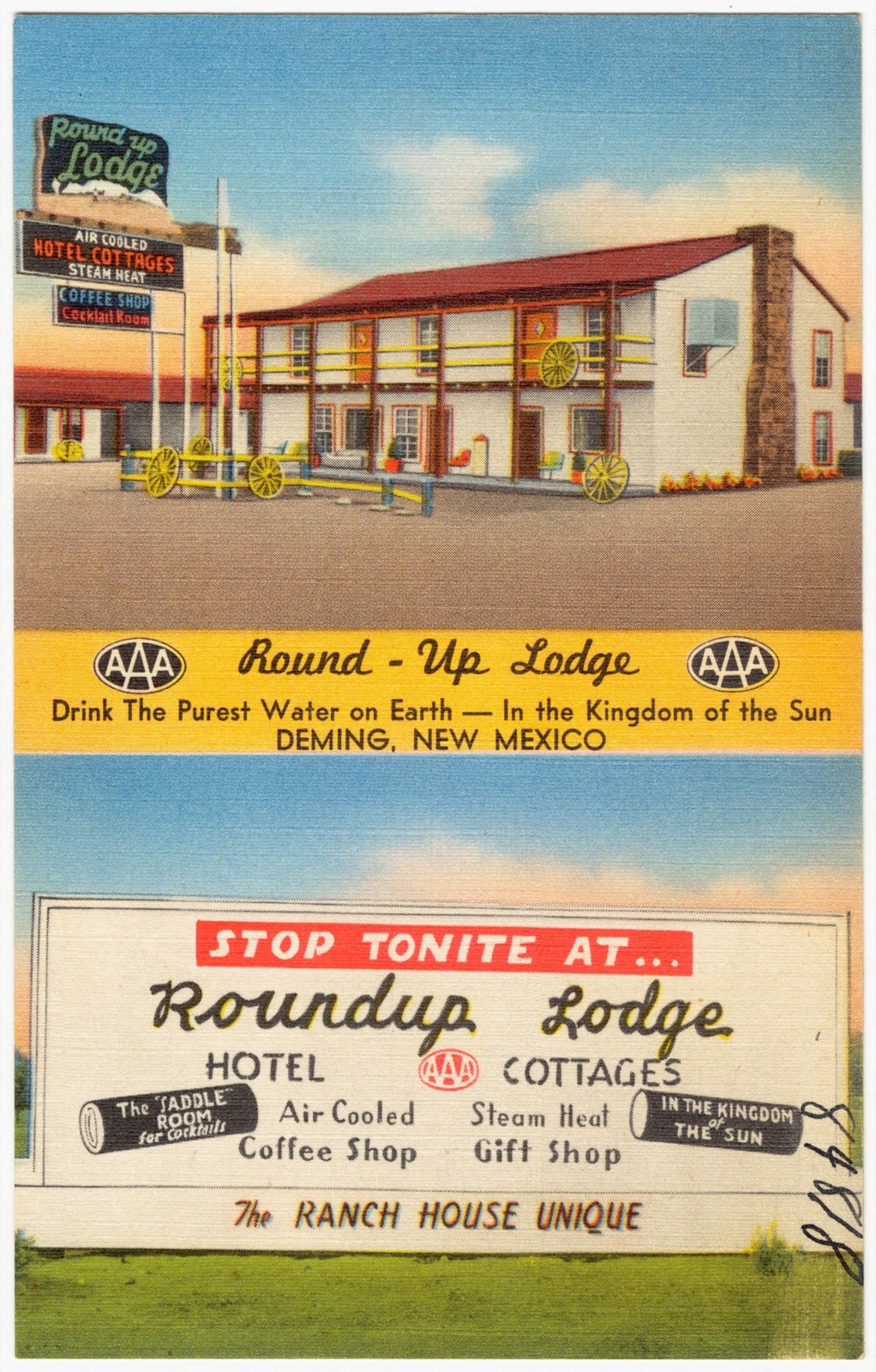 Round - Up Lodge, drink the purest water on Earth -- In the Kingdom of the Sun. Deming, New Mexico, Boston Public Library - undated