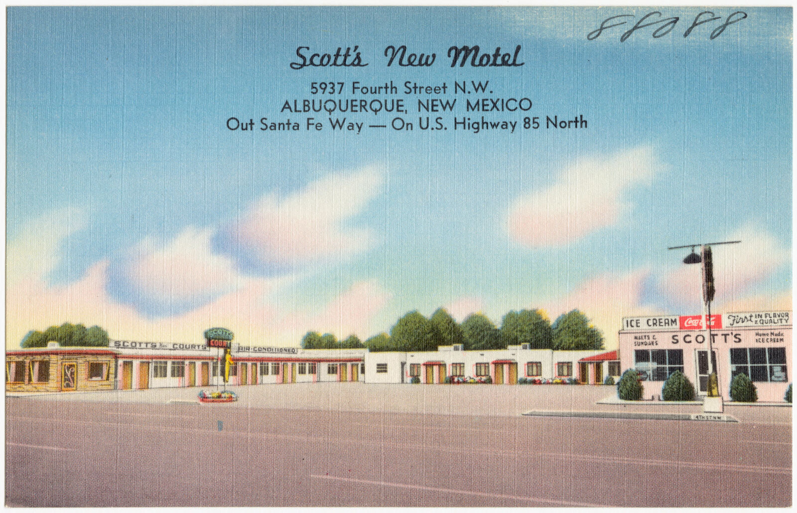 Scott's New Motel, 5937 Fourth Street N.W., Albuquerque, New Mexico, out Santa Fe way -- On U.S. Highway 85 north, Boston Public Library - undated