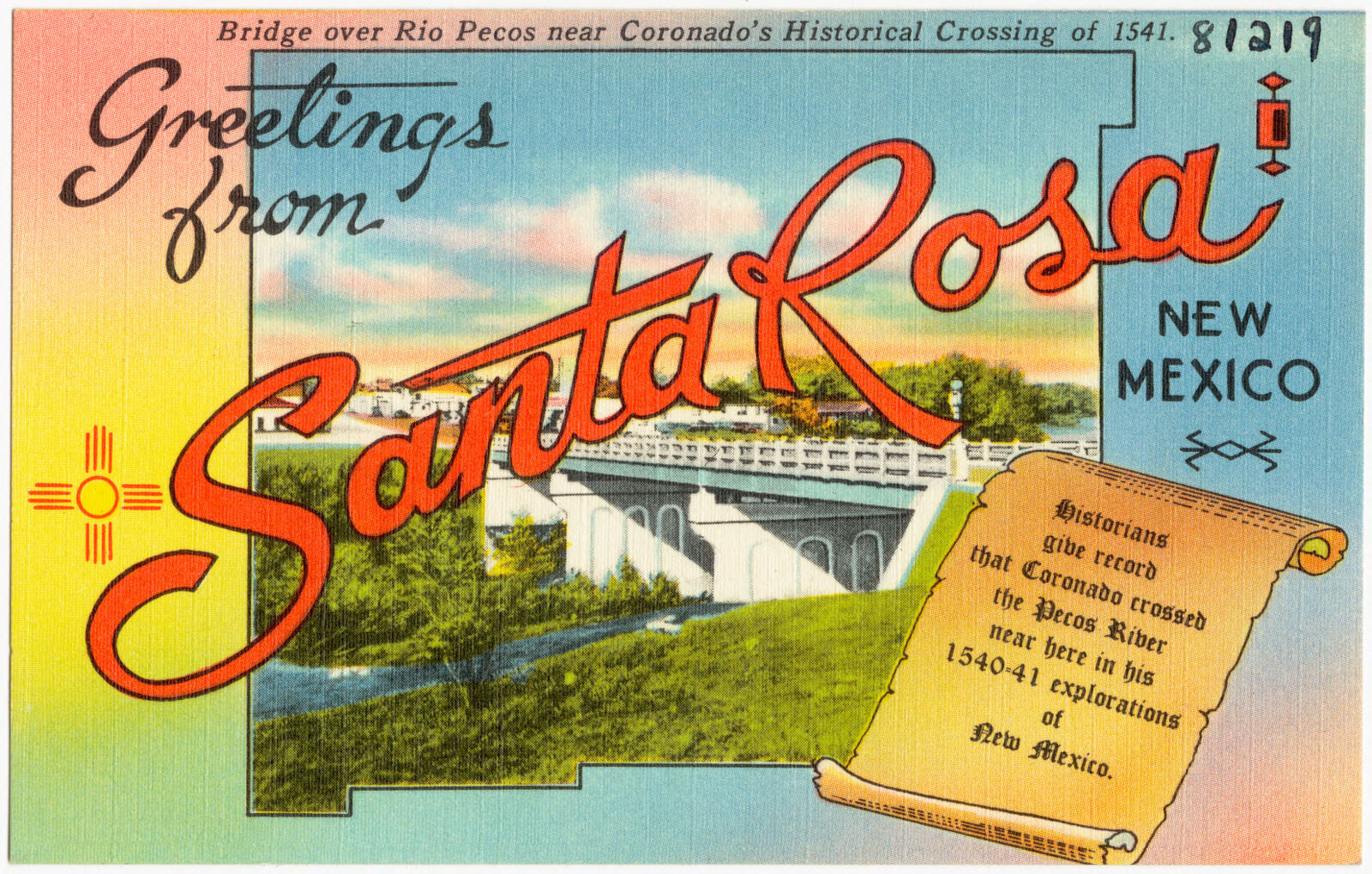 Greetings from Santa Rosa, New Mexico. Bridge over Rio Pecos near Coronado's Historical Crossing of 1541., Boston Public Library - undated