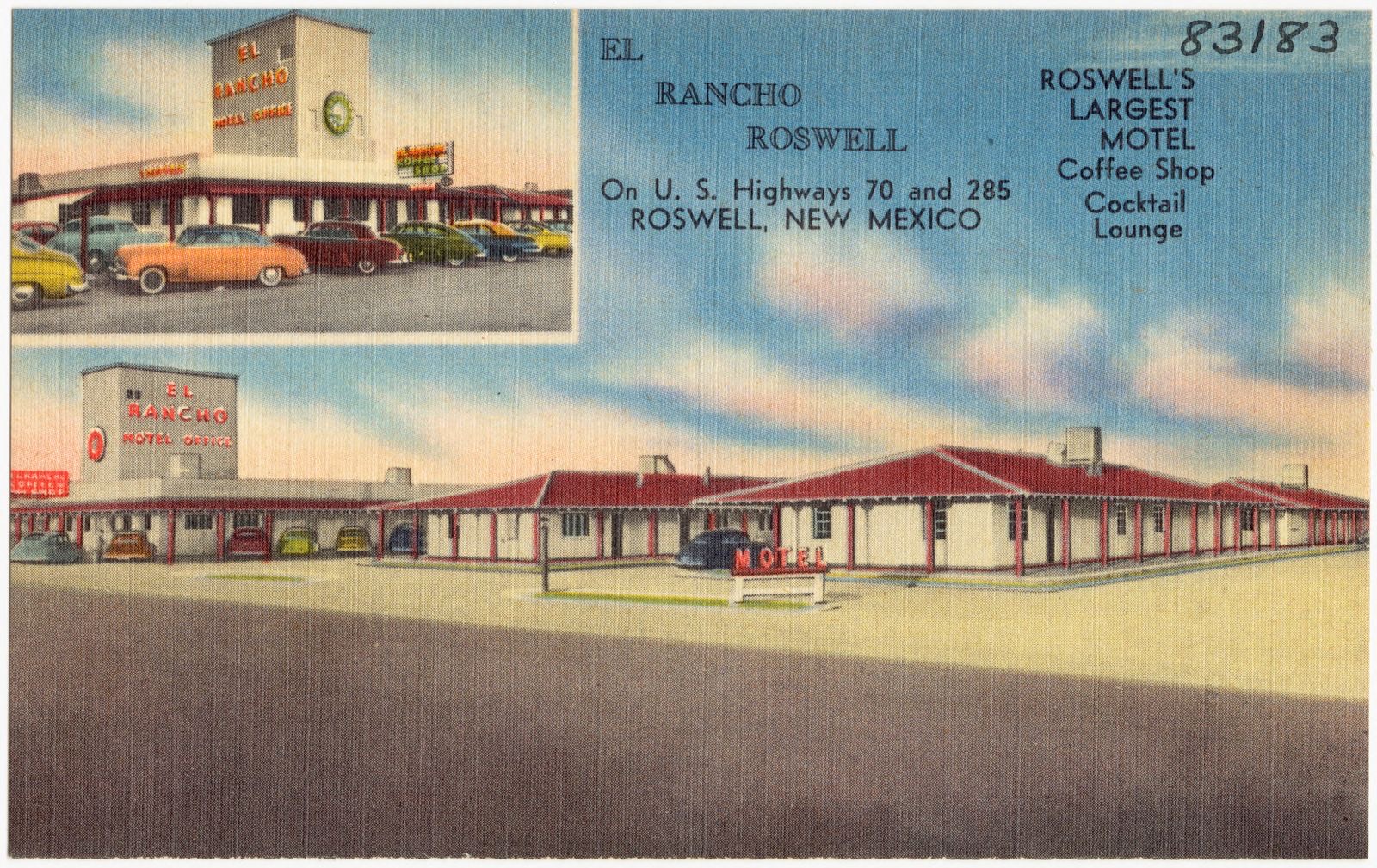 El Rancho Roswell, on U.S. Highways 70 and 285, Roswell New Mexico. Roswell's largest motel, Boston Public Library - undated