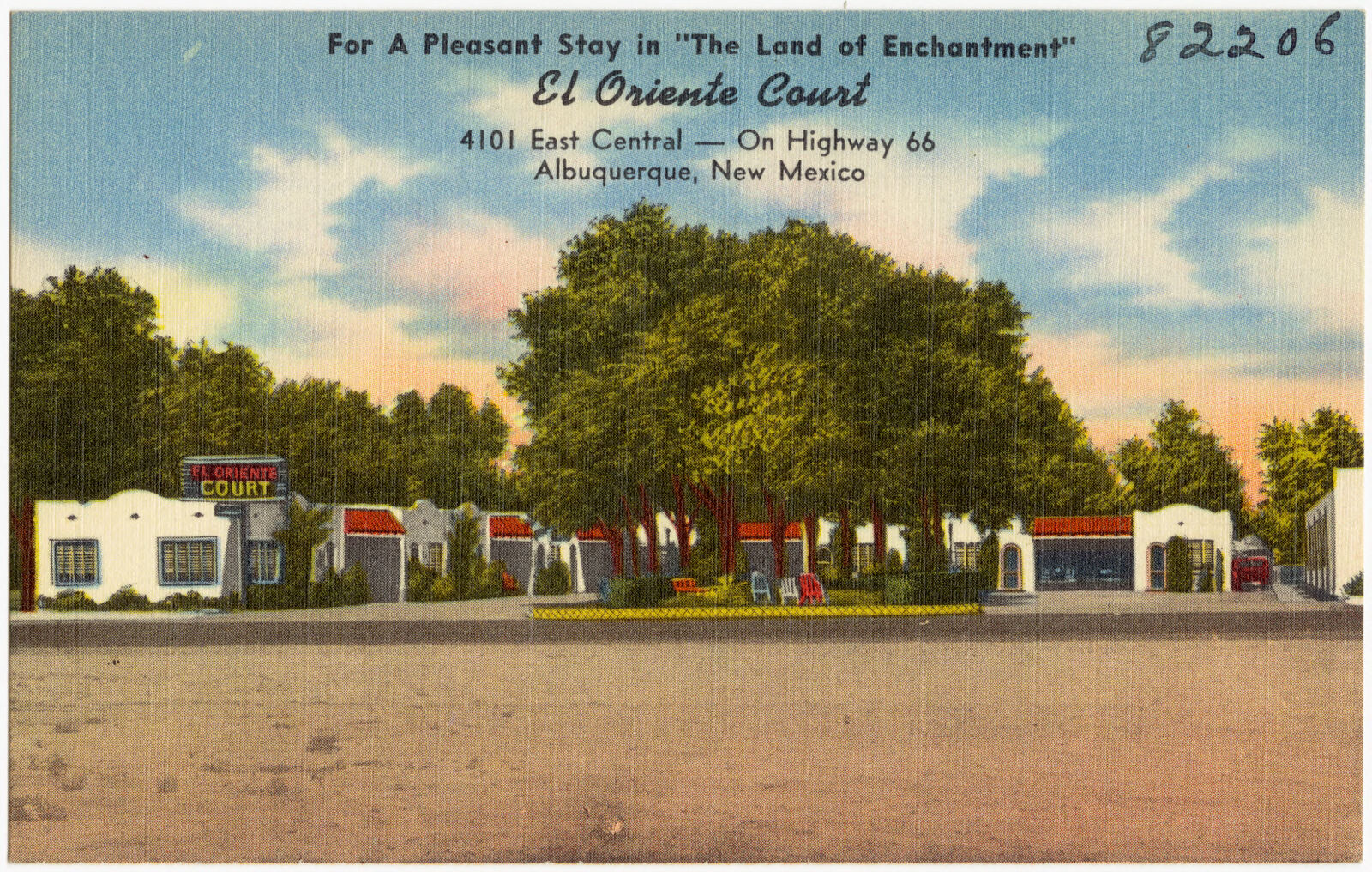 For a pleasant stay in " The land of enchantment", El Oriente Court, 4101 East Central -- On highway 66, Albuquerque, New Mexico, Boston Public Library - undated