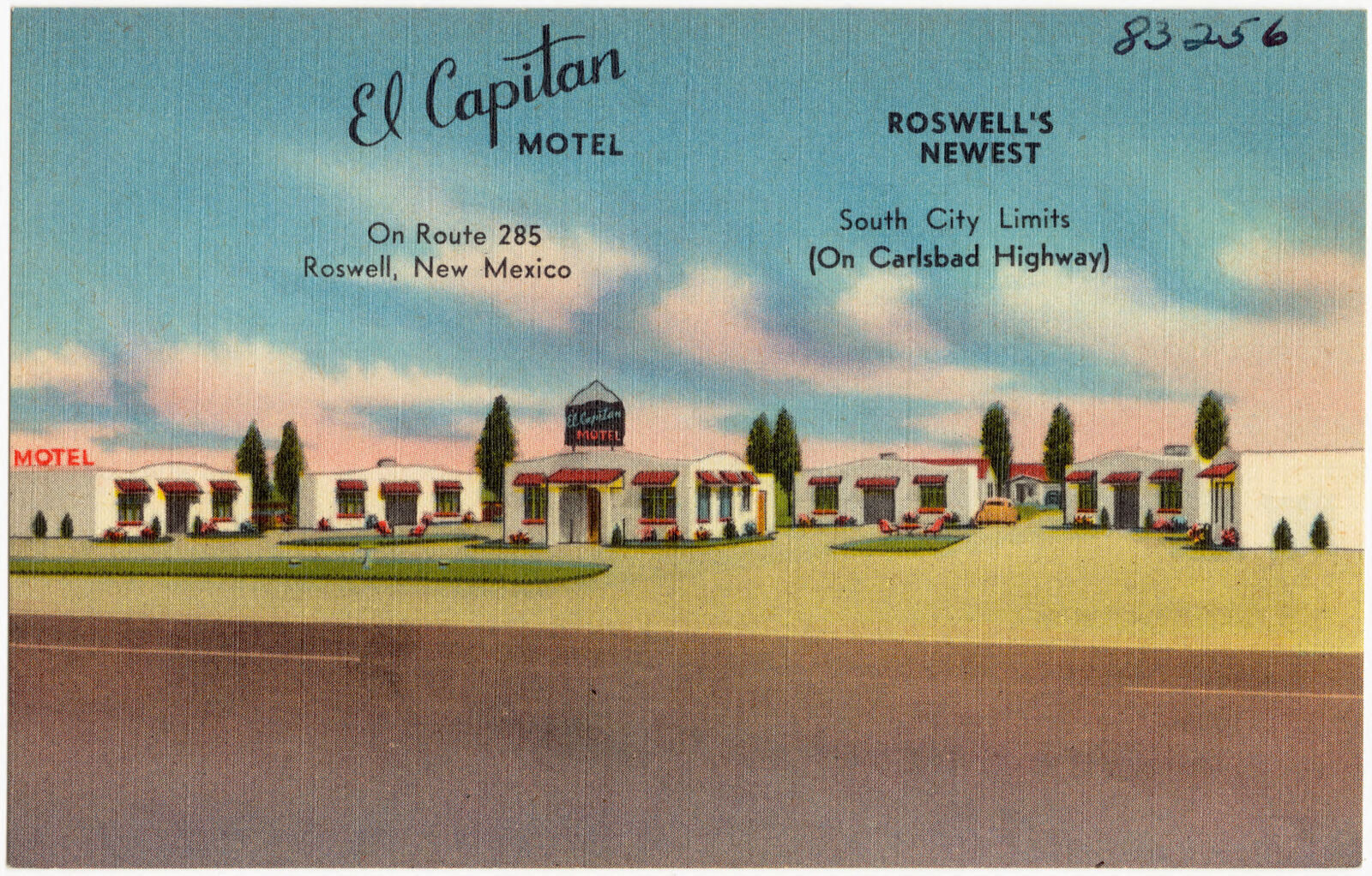 El Capitan Motel, Roswell's newest, on Route 285, Roswell, New Mexico. south city limits, (on Carlsbad Highway), Boston Public Library - undated