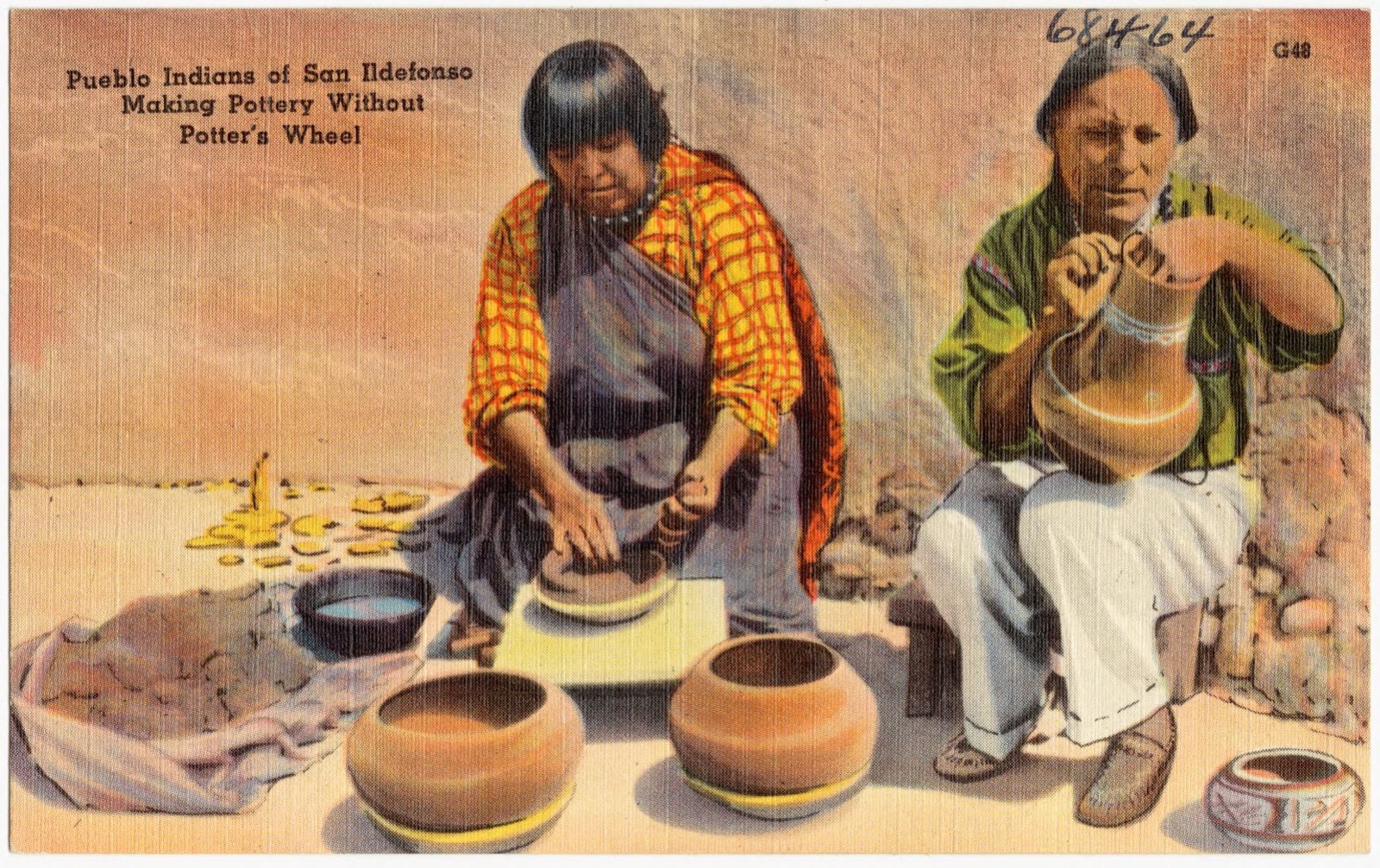 Pueblo Indians of San Ildefonso making pottery without pottery's wheel, Boston Public Library - undated
