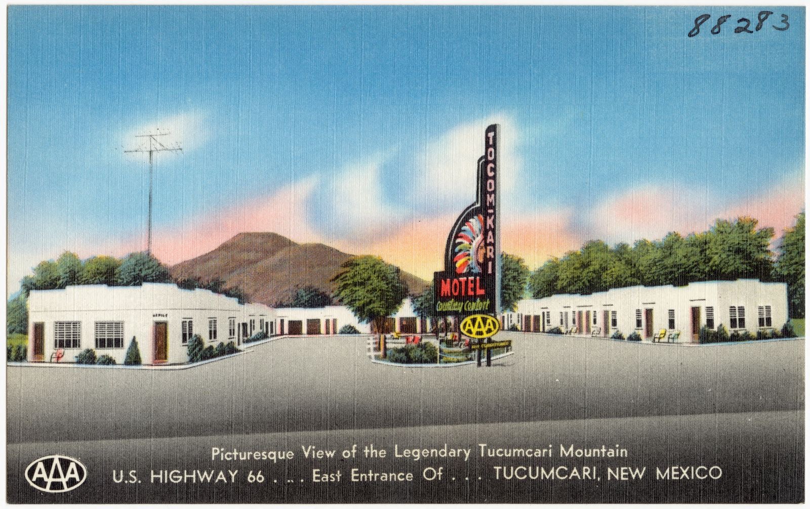 Tocom-Kari Motel, picturesque view of the legendary Tucumcari Mountain. U.S. Highway 66... East entrance of... Tucumcari, New Mexico, Boston Public Library - undated