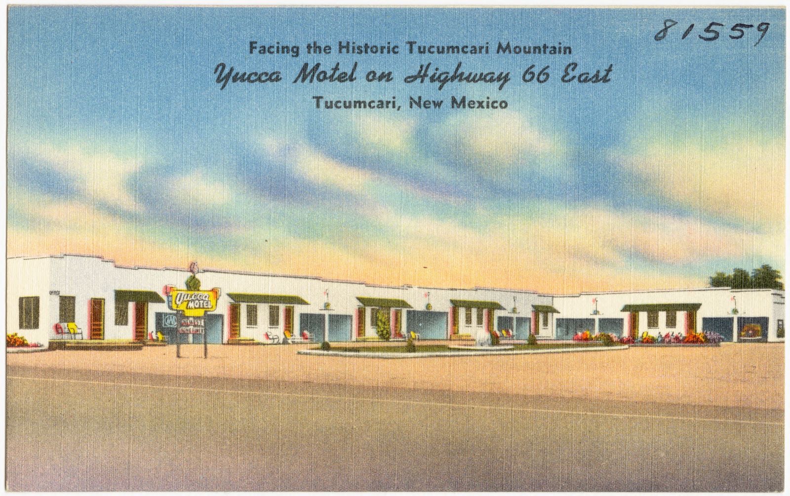Facing the historic Tucumcari Mountain, Yucca Motel on Highway 66 east, Tucumcari, New Mexico, Boston Public Library - undated