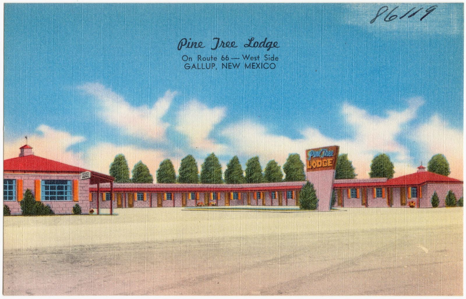 Pine Tree Lodge, on Route 66 -- West side, Gallup, New Mexico, Boston Public Library - undated