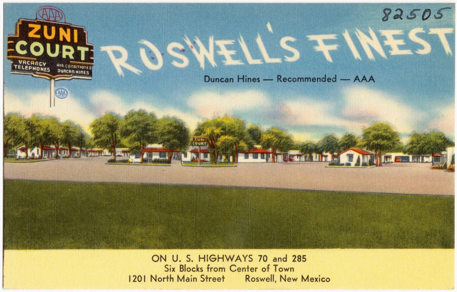 Zuni Court, Roswell's finest, on U.S. Highways 70 and 285, six blocks from center of town, 1201 North Main Street, Roswell, New Mexico, Boston Public Library - undated