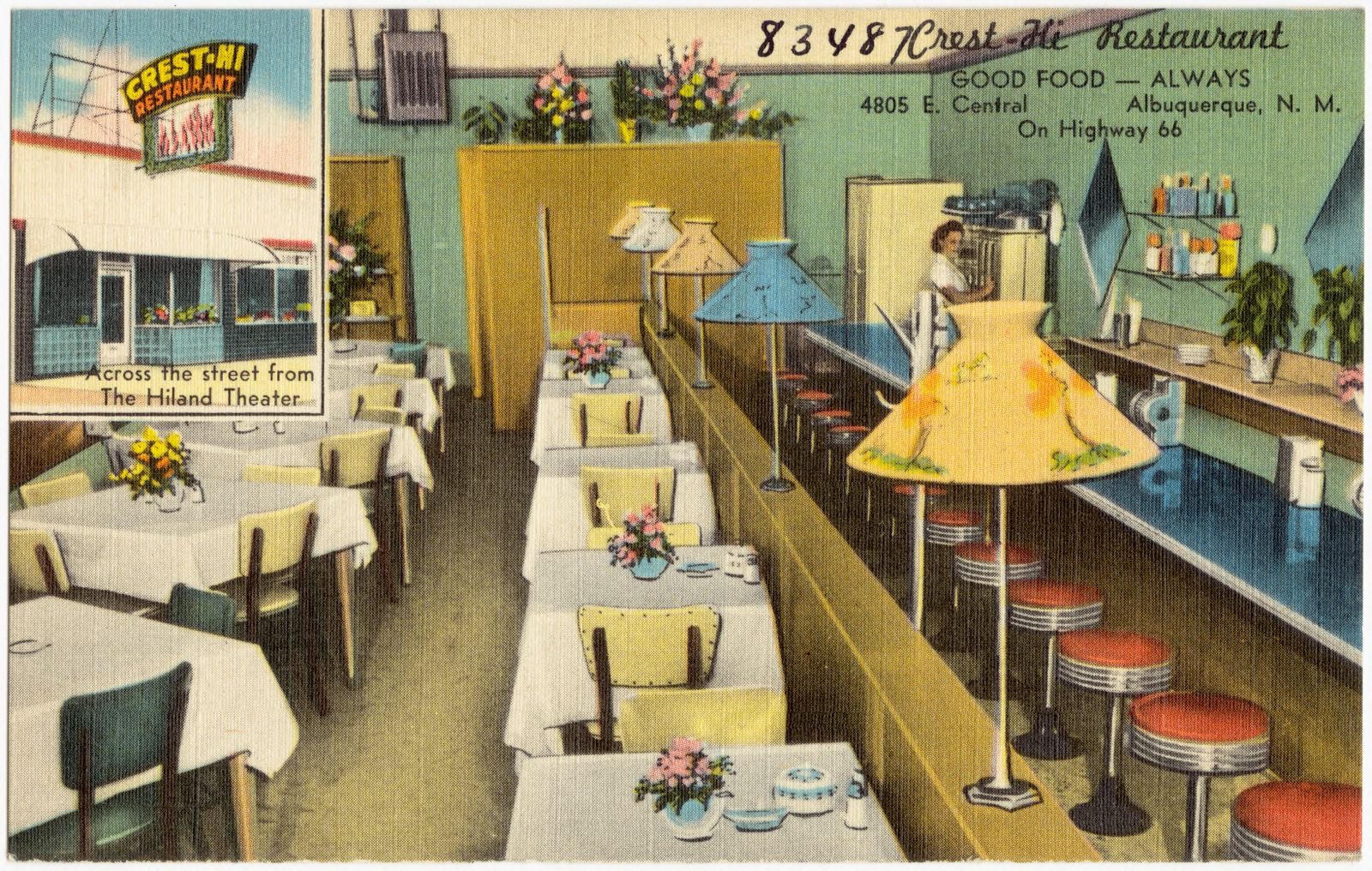 Crest-Hi Restaurant, good food -- Always, 4805 E. Central, Albuquerque, N. M., on highway 66, Boston Public Library - undated