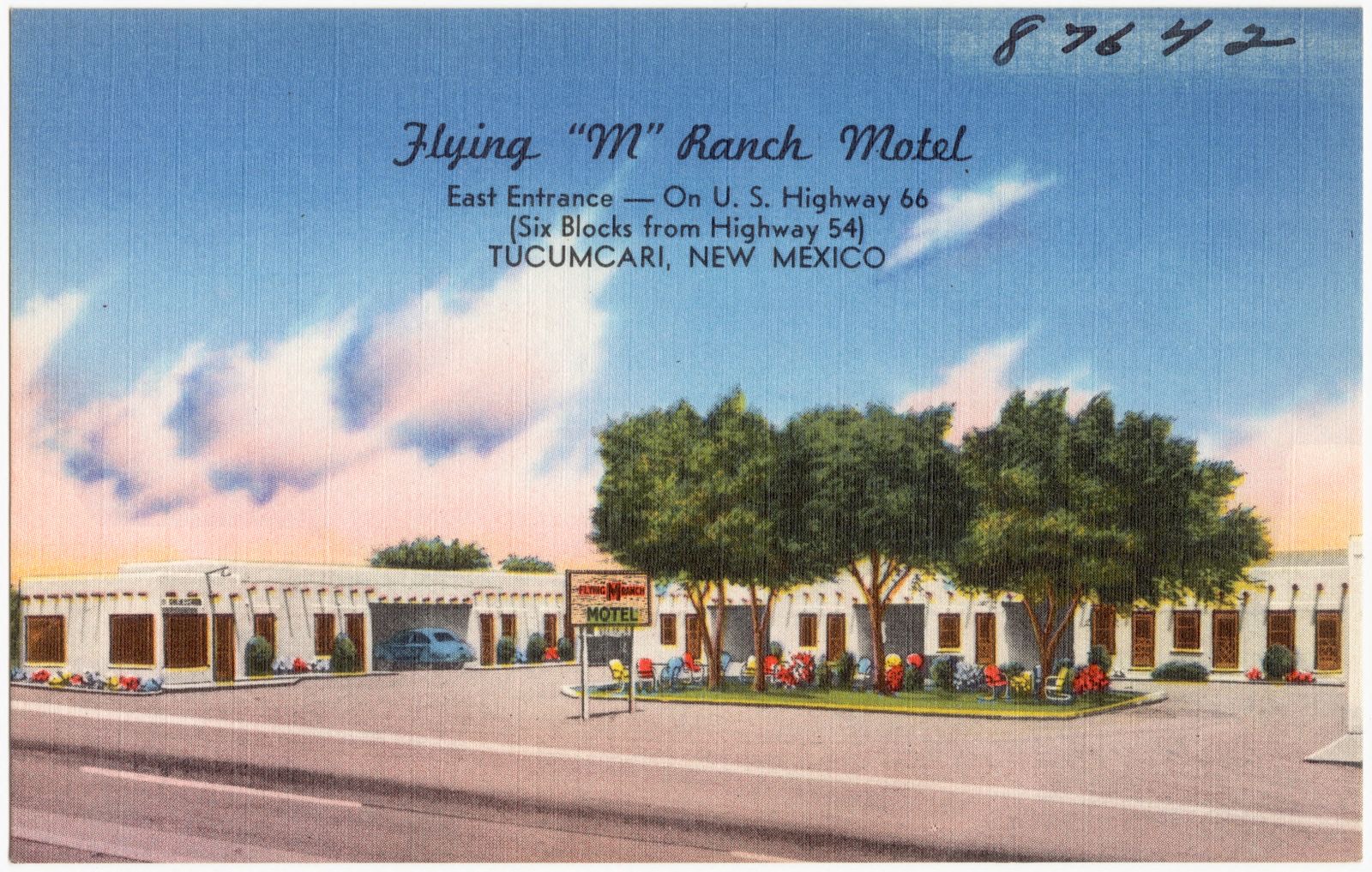 Flying "M" Ranch Motel, east entrance -- on U.S. Highway 66 (six blocks from Highway 54), Tucumcari, New Mexico, Boston Public Library - undated