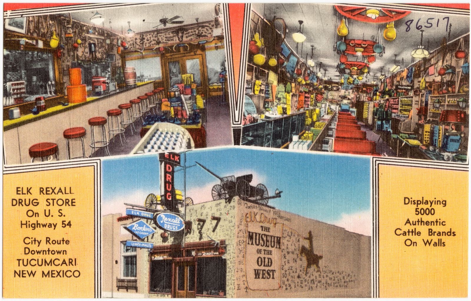 Elk Rexall Drug Store, on U.S. Highway 54, city route downtown, Tucumcari, New Mexico, Boston Public Library - undated