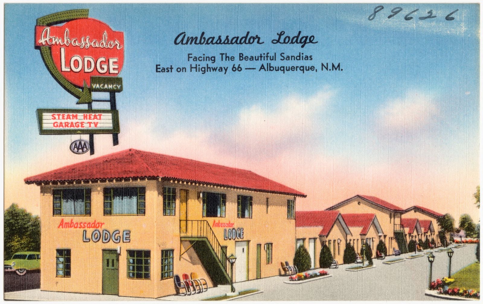Ambassador Lodge, facing the beautiful Sandias, east on Highway 66 -- Albuquerque, N.M., Boston Public Library - undated
