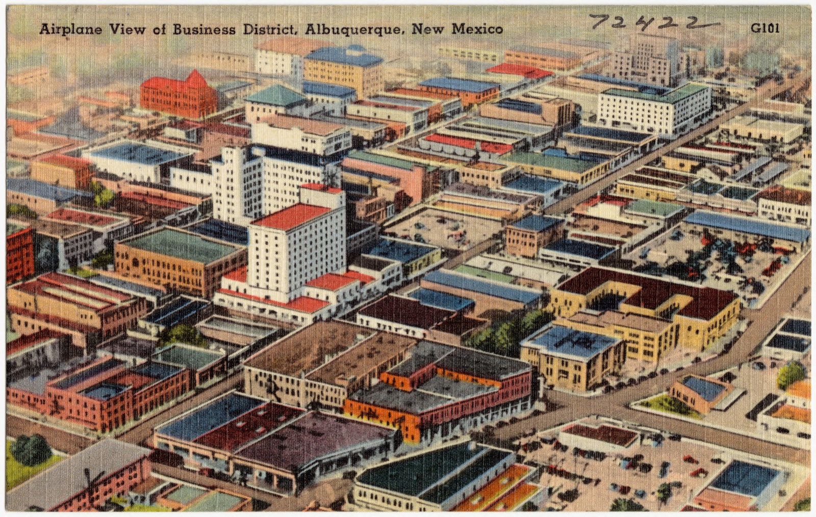Airplane view of business district, Albuquerque, New Mexico, Boston Public Library - undated