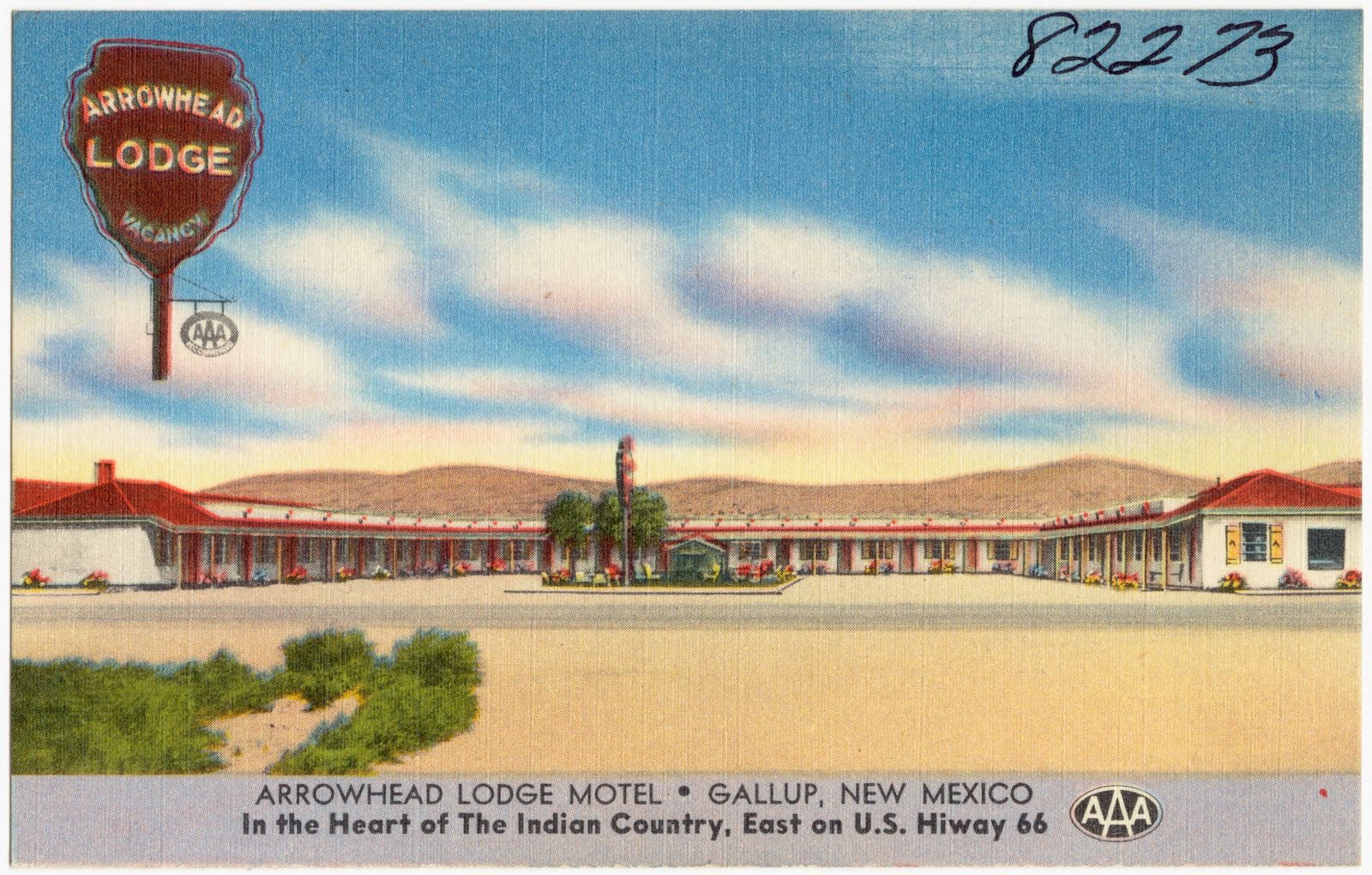 Arrowhead Lodge Motel, Gallup, New Mexico. In the heart of the Indian country, east on U.S. Hiway 66, Boston Public Library - undated