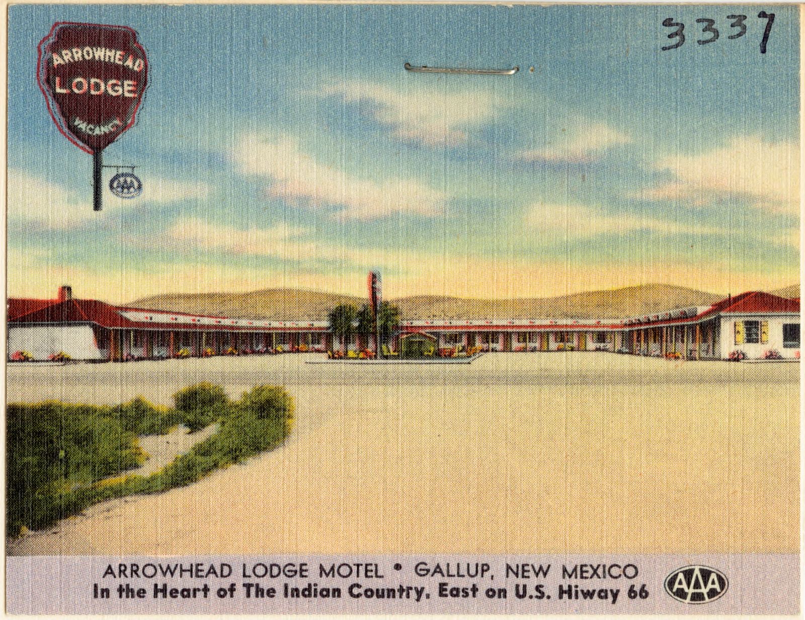 Arrowhead Lodge Motel, Gallup, New Mexico. In the heart of the Indian country, east on U.S. Hiway 66, Boston Public Library - undated