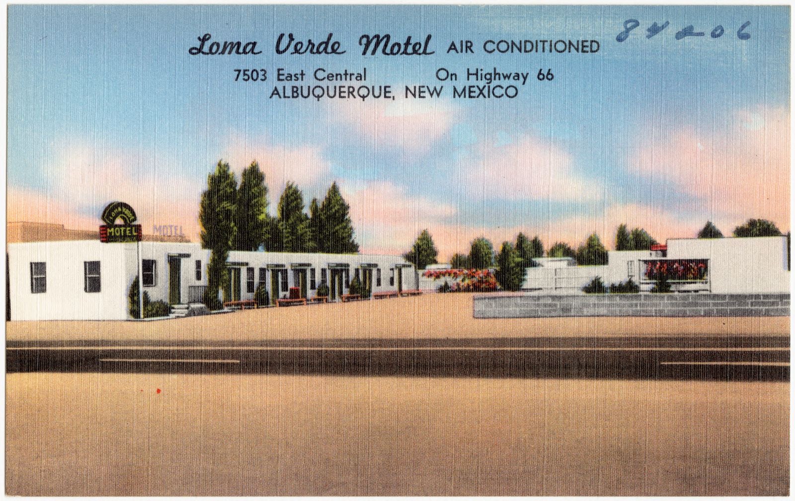 Lama Verde Motel, air conditioned, 7503 East Central, on Highway 66, Albuquerque, New Mexico, Boston Public Library - undated