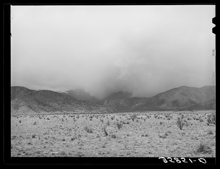 Snowstorm over the mountains in Socorro County, New Mexico. Snow in the mountains is an important source of water for the ranchers in this section