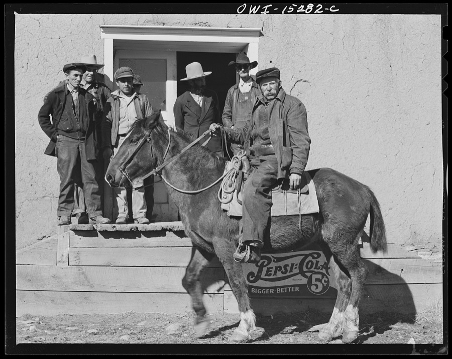 Chacon, Mora County, New Mexico. Idlers on the general store steps