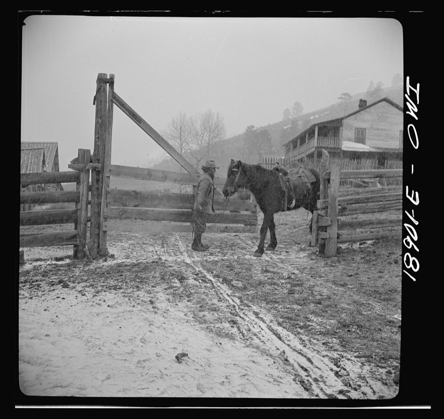 Moreno Valley, Colfax County, New Mexico. George Mutz starting out on the range in a snowstorm