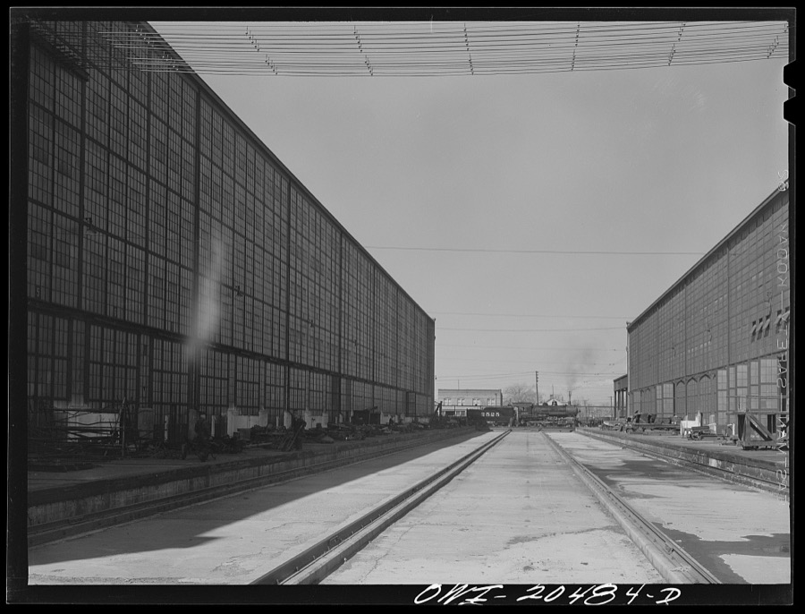 Albuquerque, New Mexico. A completely overhauled engine on the transfer table at the Atchison, Topeka and Santa Fe Railroad locomotive shops. It is now ready to go to service