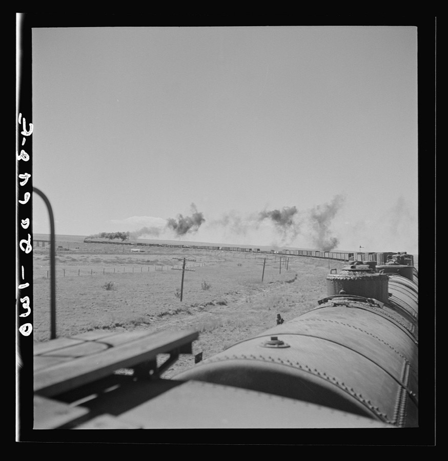 Fort Sumner, New Mexico. Train about to cross Pecos River along the Atchison, Topeka, and Santa Fe Railroad between Clovis and Vaughn, New Mexico