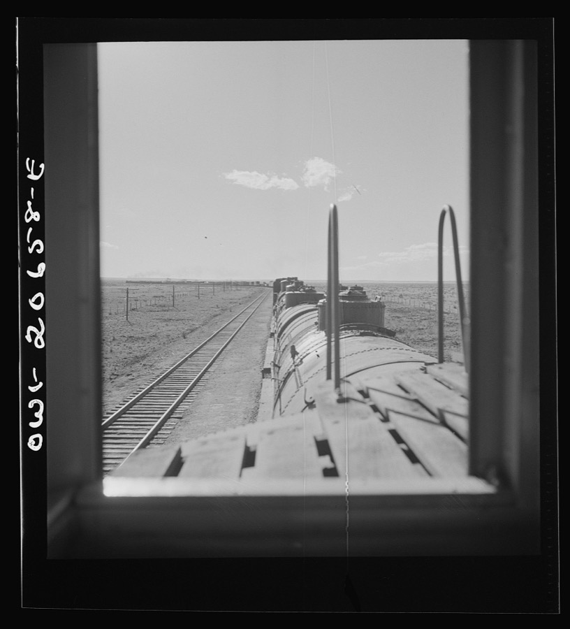 Yeso, New Mexico. Rounding a curve along the Atchison, Topeka, and Santa Fe Railroad between Clovis and Vaughn, New Mexico