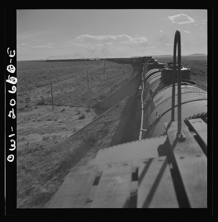 Yeso, New Mexico. Rounding a curve along the Atchison, Topeka, and Santa Fe Railroad between Clovis and Vaughn, New Mexico