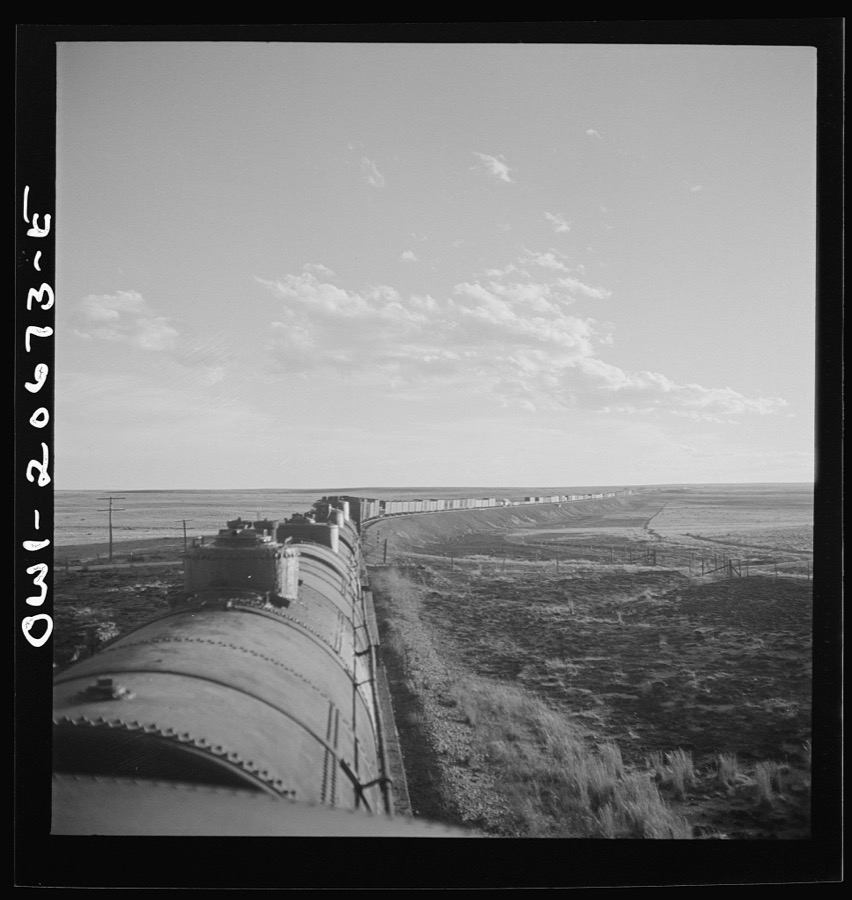 Duoro, New Mexico. Rounding a curve in the sheep and cattle country along the Atchison, Topeka, and Santa Fe Railroad between Clovis and Vaughn, New Mexico