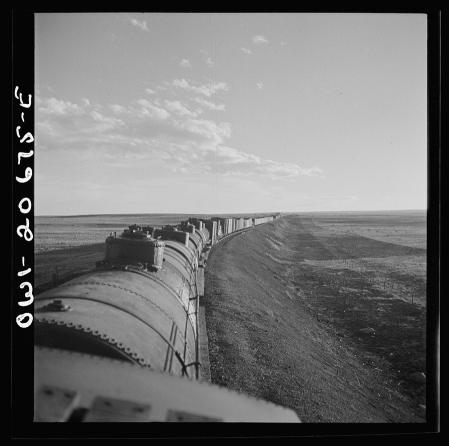 Duoro, New Mexico. Rounding a curve in the sheep and cattle country along the Atchison, Topeka, and Santa Fe Railroad between Clovis and Vaughn, New Mexico