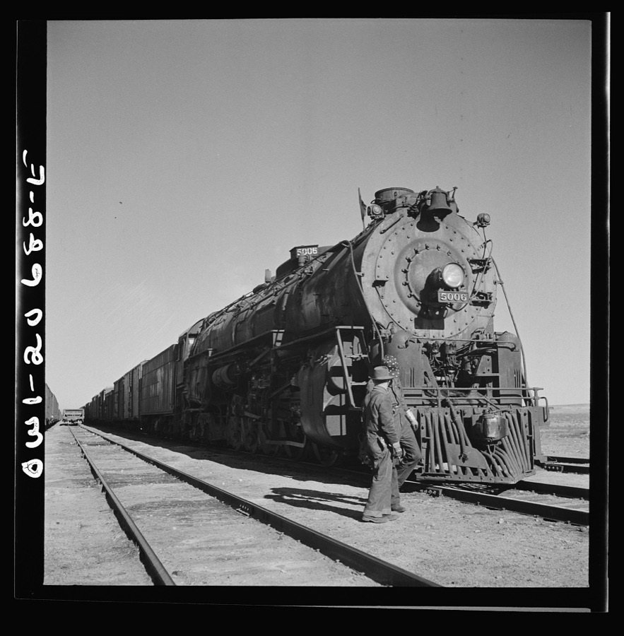 Vaughn, New Mexico. Easternbound train about to leave the Atchison, Topeka and Santa Fe Railroad yard on the return trip