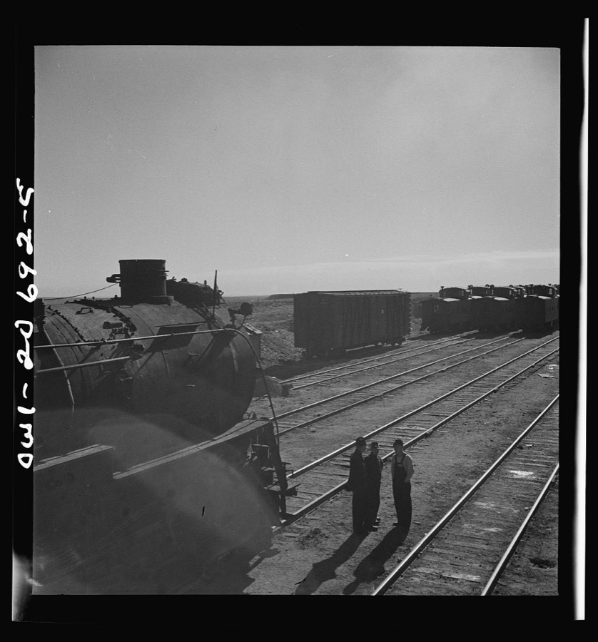 Vaughn, New Mexico. Easternbound train about to leave the Atchison, Topeka and Santa Fe Railroad yard on the return trip