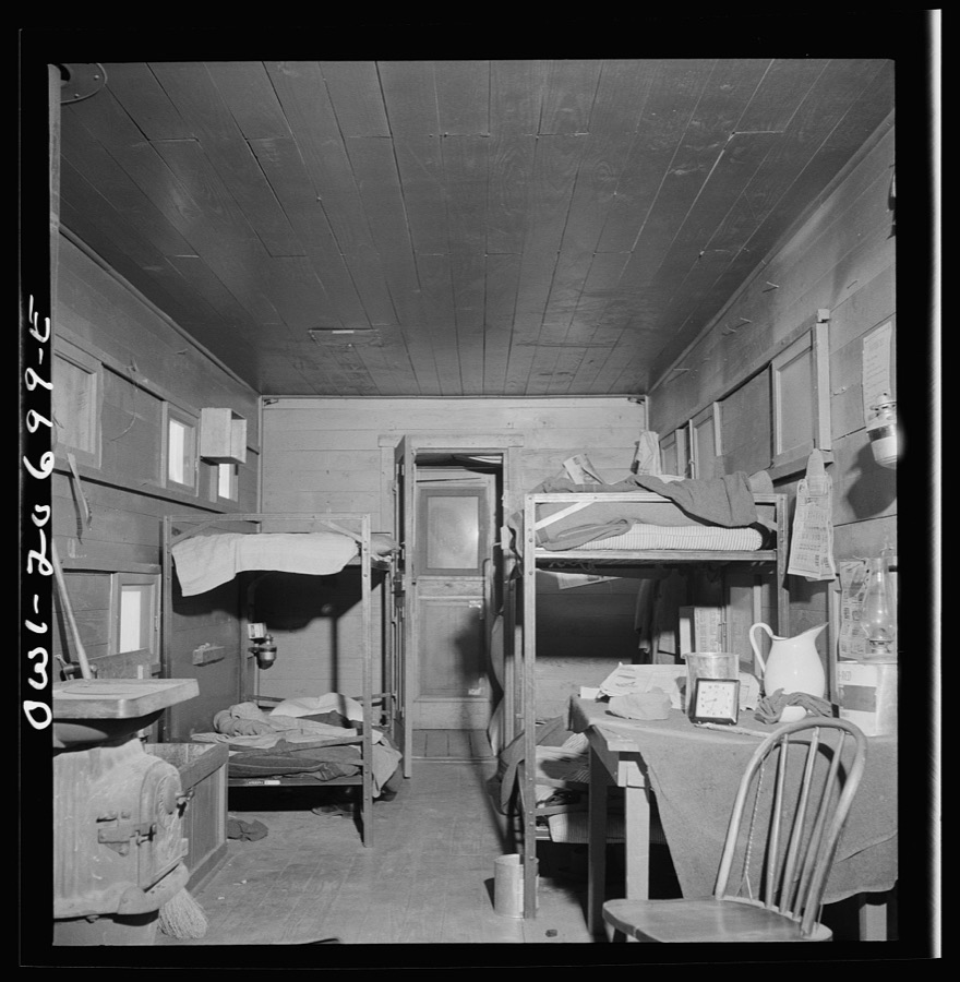 Iden, New Mexico. One of the bunk cars for section workers of a train on the Atchison, Topeka and Santa Fe Railroad between Clovis and Vaughn, New Mexico