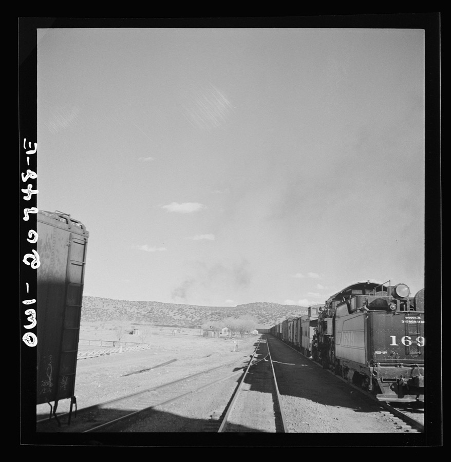 Abo, New Mexico. Going through the town on the Atchison, Topeka and Santa Fe Railroad between Vaughn and Belen, New Mexico