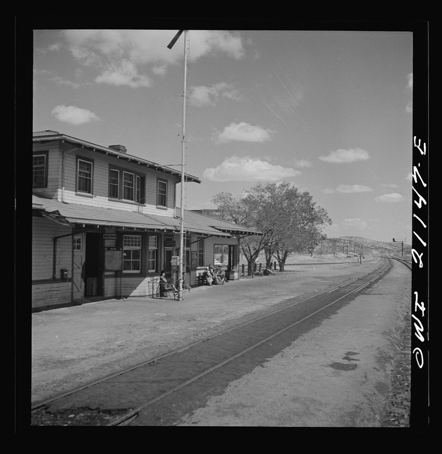 Laguna, New Mexico. Passing the depot on the Atchison, Topeka and Santa Fe Railroad between Belen and Gallup, New Mexico