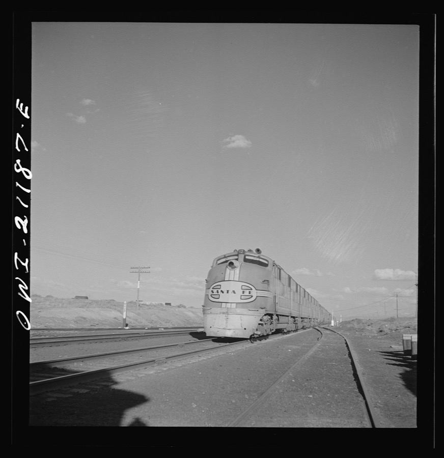 Thoreau, New Mexico. The diesel streamliner "Super Chief" going west along the Atchison, Topeka and Santa Fe Railroad between Belen and Gallup, New Mexico