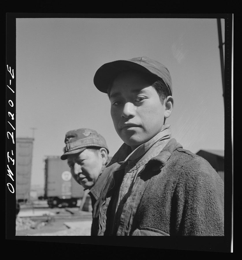 Gallup, New Mexico. Clyde Trujillo, eighteen-year-old Indian worker who has been employed in the Atchison, Topeka and Santa Fe Railroad car shops for four months