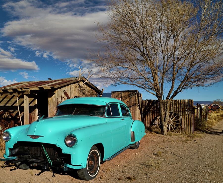A colorful vintage car at an installation that some call "outsider art," in the small south-central New Mexico town of Carrizozo, with a population of 1,000 or so (as of 2021)