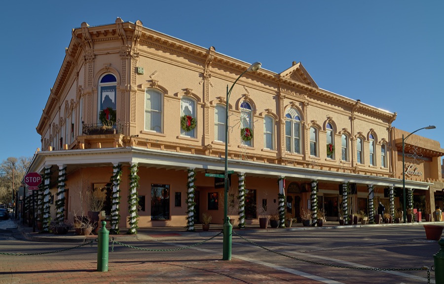 A corner of the central plaza of Santa Fe, the capital city of the southwest U.S. state of New Mexico