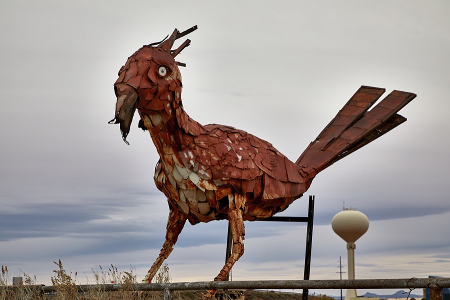 A 15-foot-tall scrap-metal roadrunner sculpture inside the gate at the Basin Pipe and Recycling Co. facility in Alamagordo, New Mexico