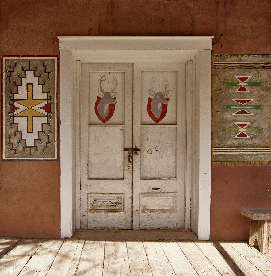 Doorway of an art gallery in the historic district of Lincoln, an unincorporated village in southeast New Mexico that became the centerpiece of the violent "Lincoln County War" that began in 1878 and involved gunfights among factions of rival store owners, cattlemen, and outlaws, including the infamous Henry McCarty, better known as "Billy the Kid"