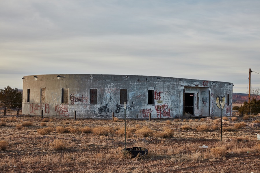 An old, abandoned concrete building whose uses are unclear still stands in the tiny, unincorporated community of Prewitt, in western New Mexico