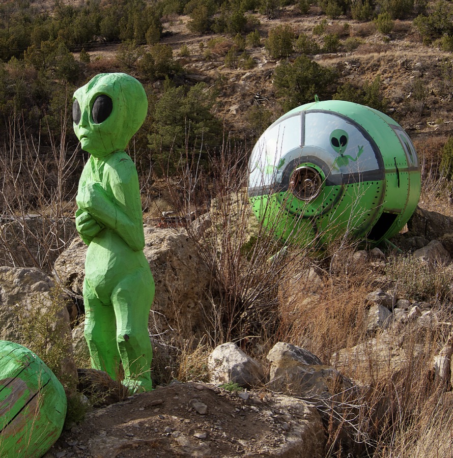 Space alien figures abound outside Fox Cave in Ruidoso, New Mexico