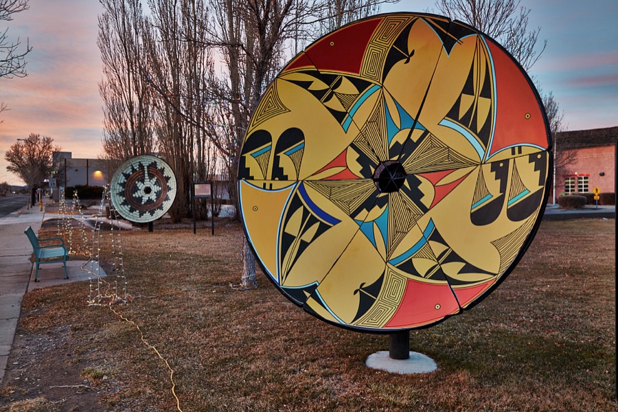 One of several former satellite dishes turned into art by painter Sam Chaves in a 2018 installation called "Native Basket Array" in the small New Mexico city of Grants, along old U.S. Route 66 between Albuquerque and Gallup