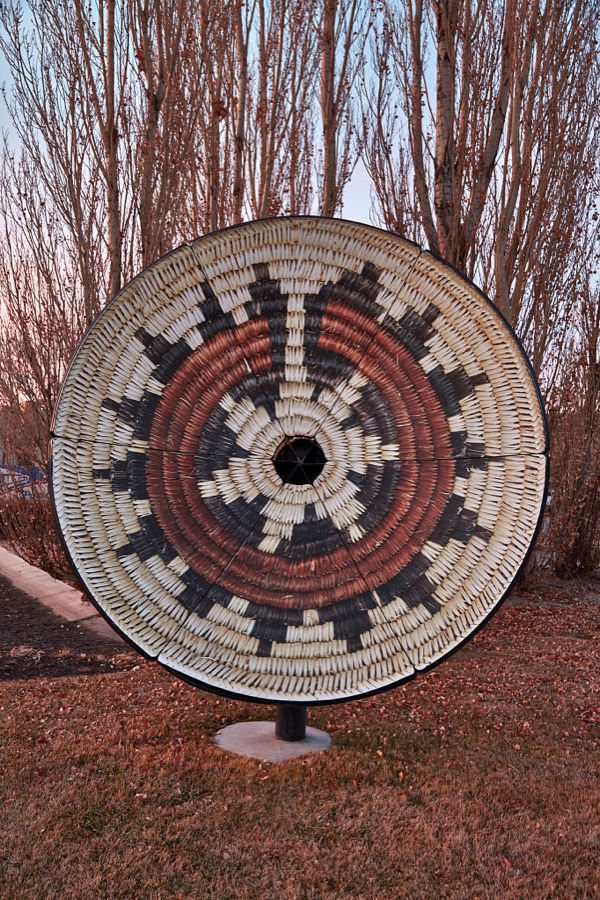 One of several former satellite dishes turned into art by painter Sam Chaves in a 2018 installation called "Native Basket Array" in the small New Mexico city of Grants, along old U.S. Route 66 between Albuquerque and Gallup
