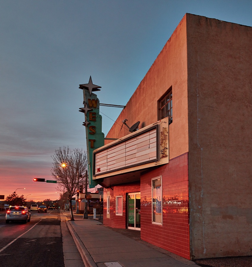 The West Theatre at dusk in the small New Mexico city of Grants