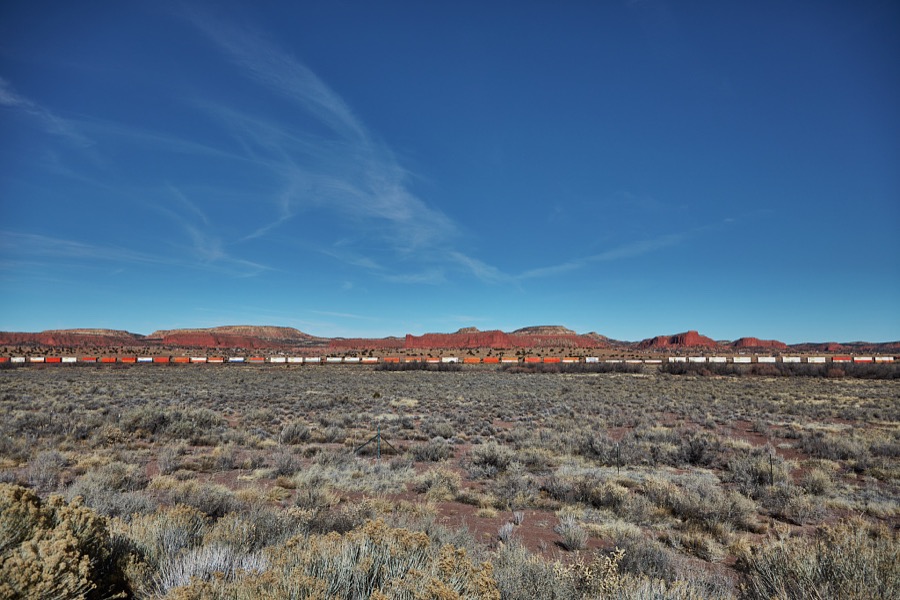 This "forever" train in scrub-brush country, east of Gallup, New Mexico, is not uncommon in the American West