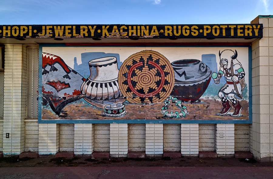 An old Hopi Jewelry advertising sign on a wall of the Golden Desert Motel on historic U.S. Route 66 in Gallup, a small city near the Arizona border in far-western New Mexico